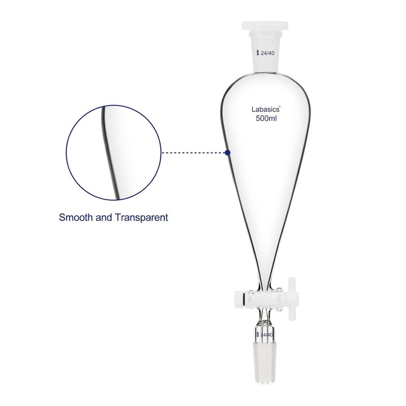 Labasics 500 ml Conical Pear-Shaped Separatory Funnel with PTFE Stopcock, Heavy Wall Borosilicate Glass with 24/40 Joints - Image 2